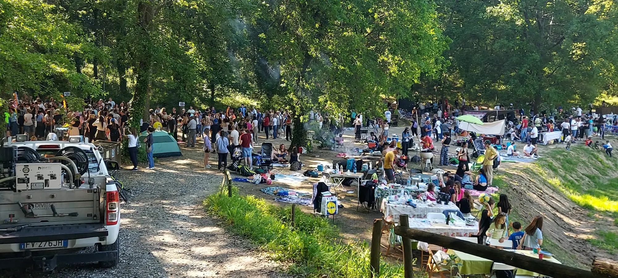 Tanta gente a una festa di paese, fra i pini, con i tavoli apparecchiati