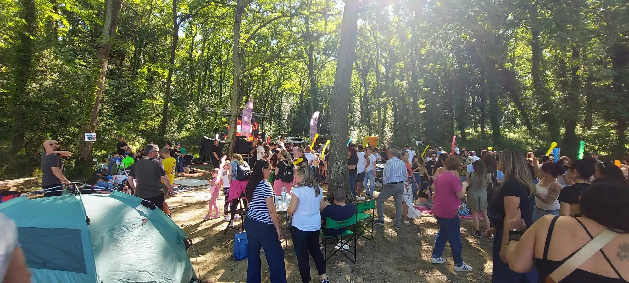 Tanta gente a una festa in mezzo agli alberi